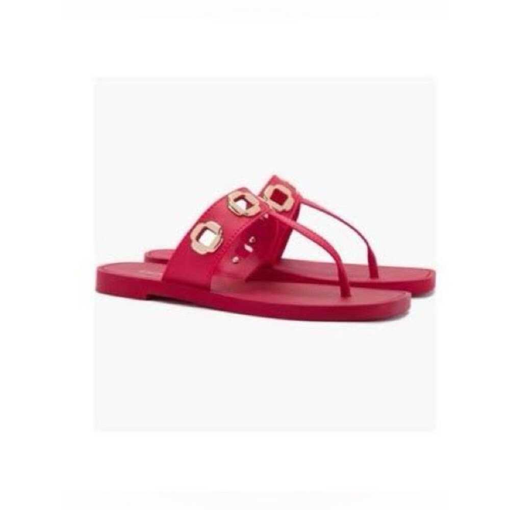 NWT Larroude’ Milan Jelly Grommet Thong Red Sandal Gold Buckle Logo Nordstrom